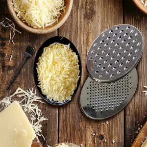 Double food grater, for coarse & fine, grating, plus storage container, lid & cleaning brush.