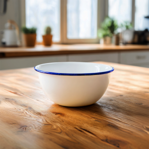 16cm Small White Enamel Royal Blue Trim Mixing Bowl